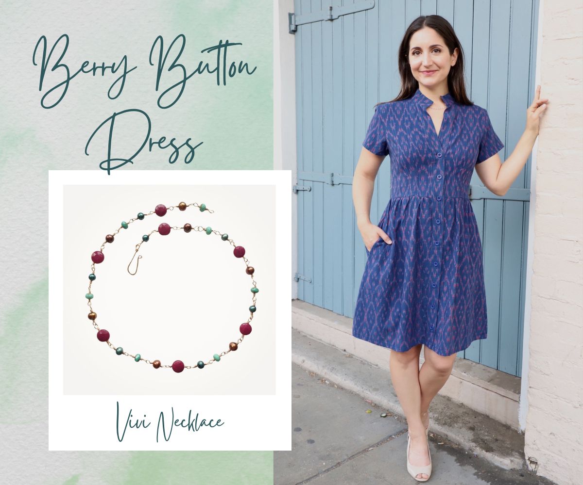 Berry Button Dress and jewel tone earrings