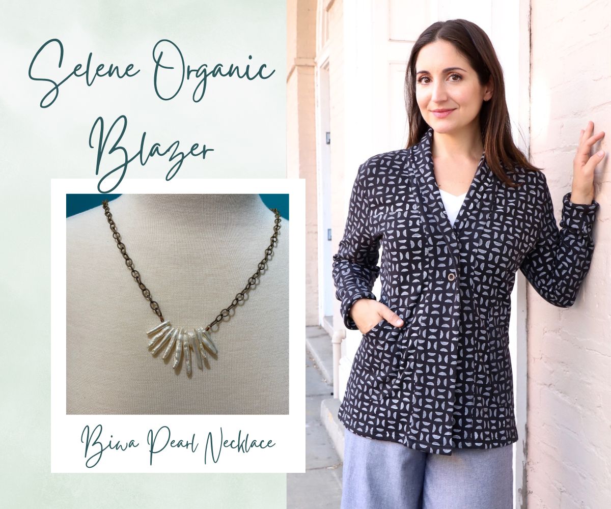 Organic blazer and Biwa pearl necklace