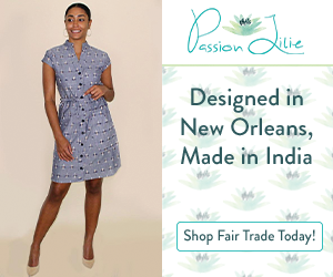 Passion Lilie products, such as this stylish, blue, button-up dress, are designed in New Orleans and made ethically in India.