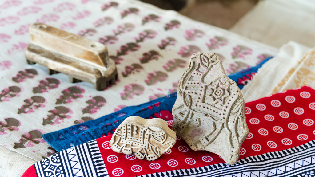Set of block printed fabrics and wooden stamps