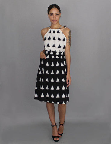 Black woven midi skirt with white triangles