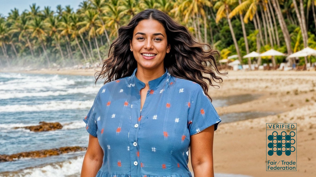 Woman wears a Passion Lilie dress on the beach