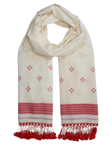 Ivory woven scarf with red miri border and festive tassels