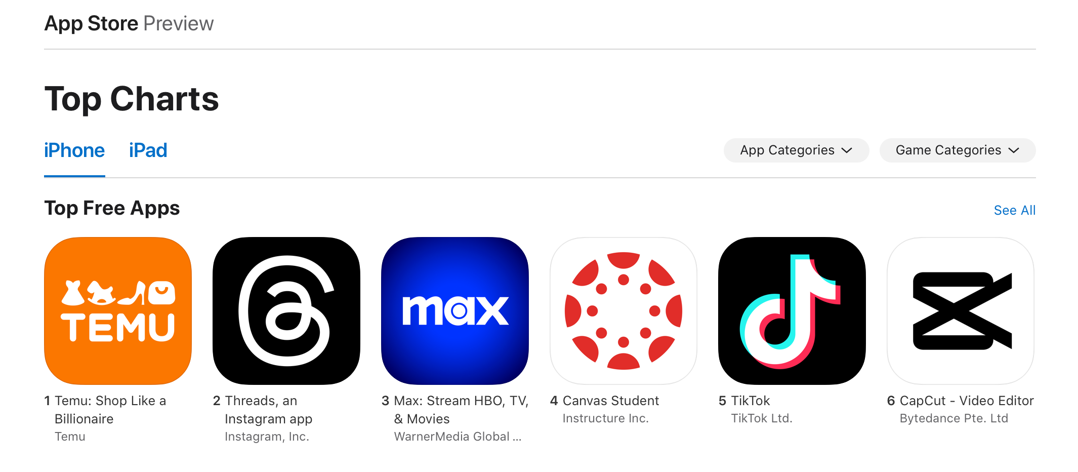 App store showing Temu at number one