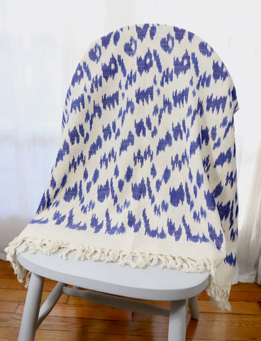 Blue and white throw blanket draped over a chair