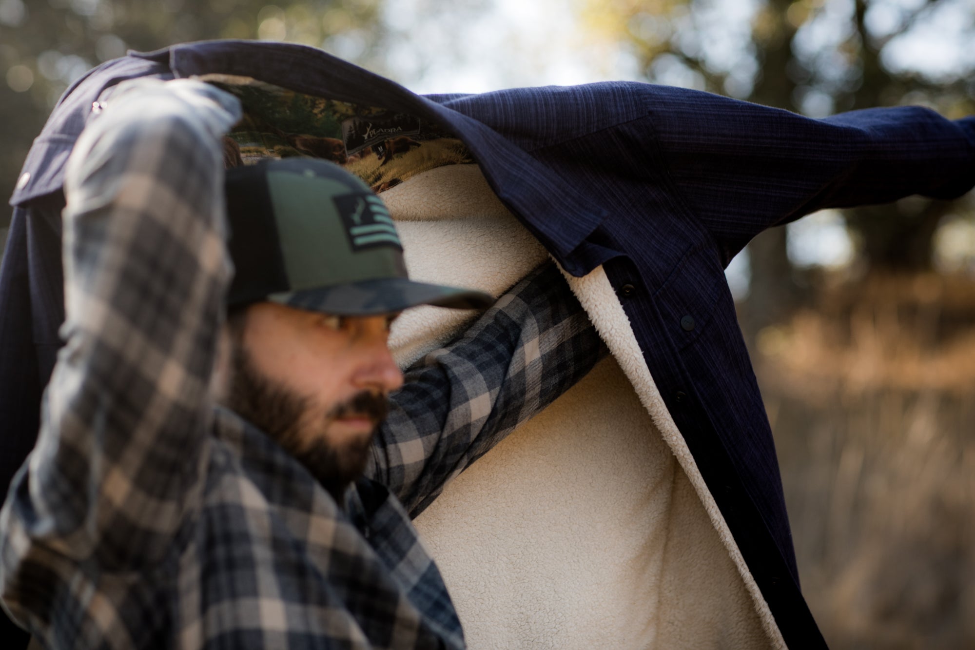 Men's Sherpa Lined Flannel Jacket- Navy Blue Heather