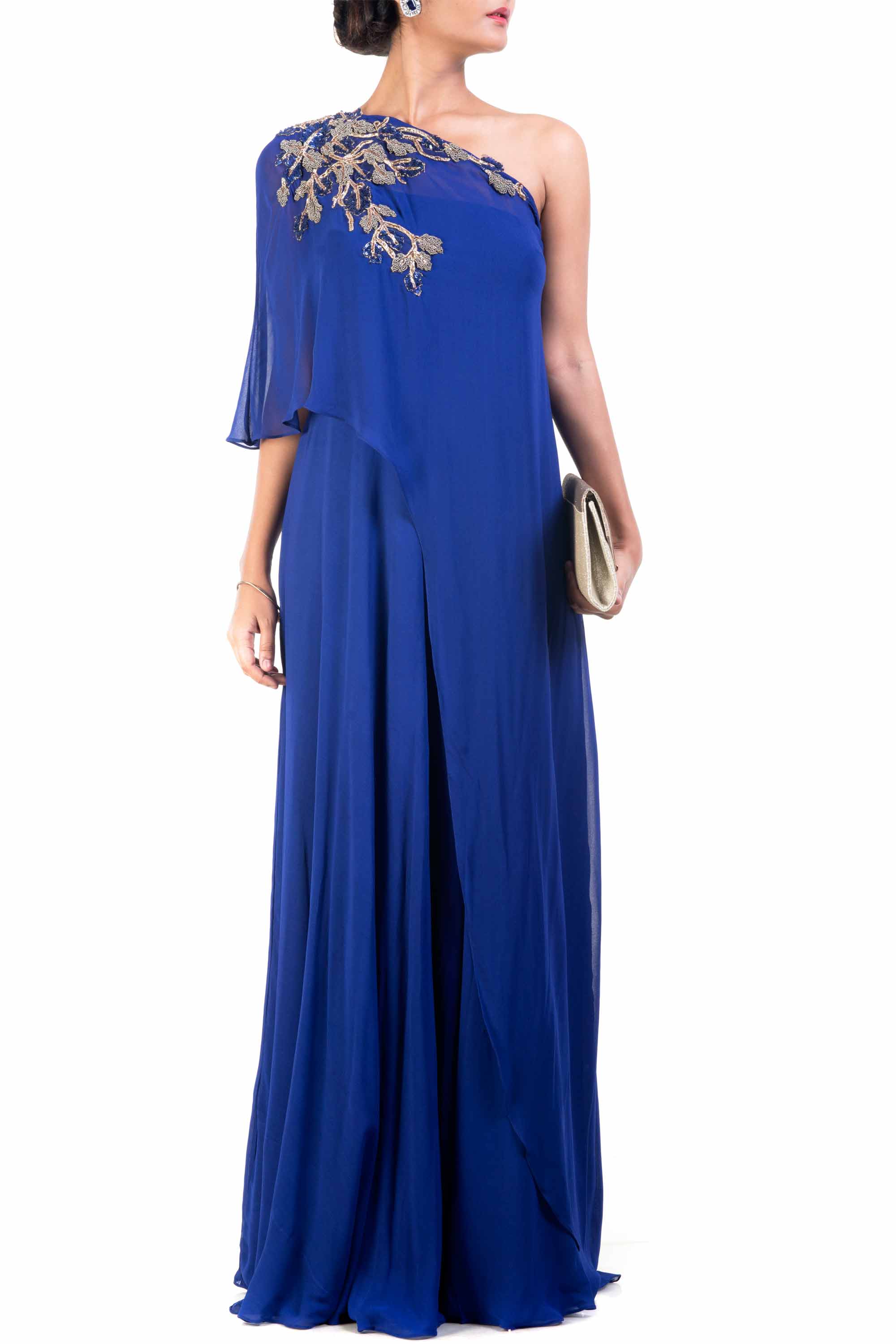 one shoulder blue gown