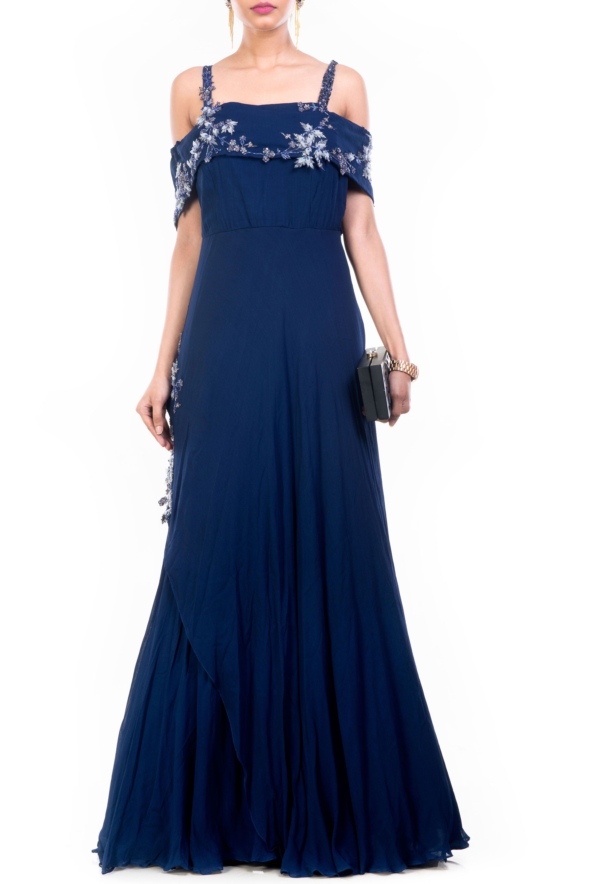 blue off shoulder gown