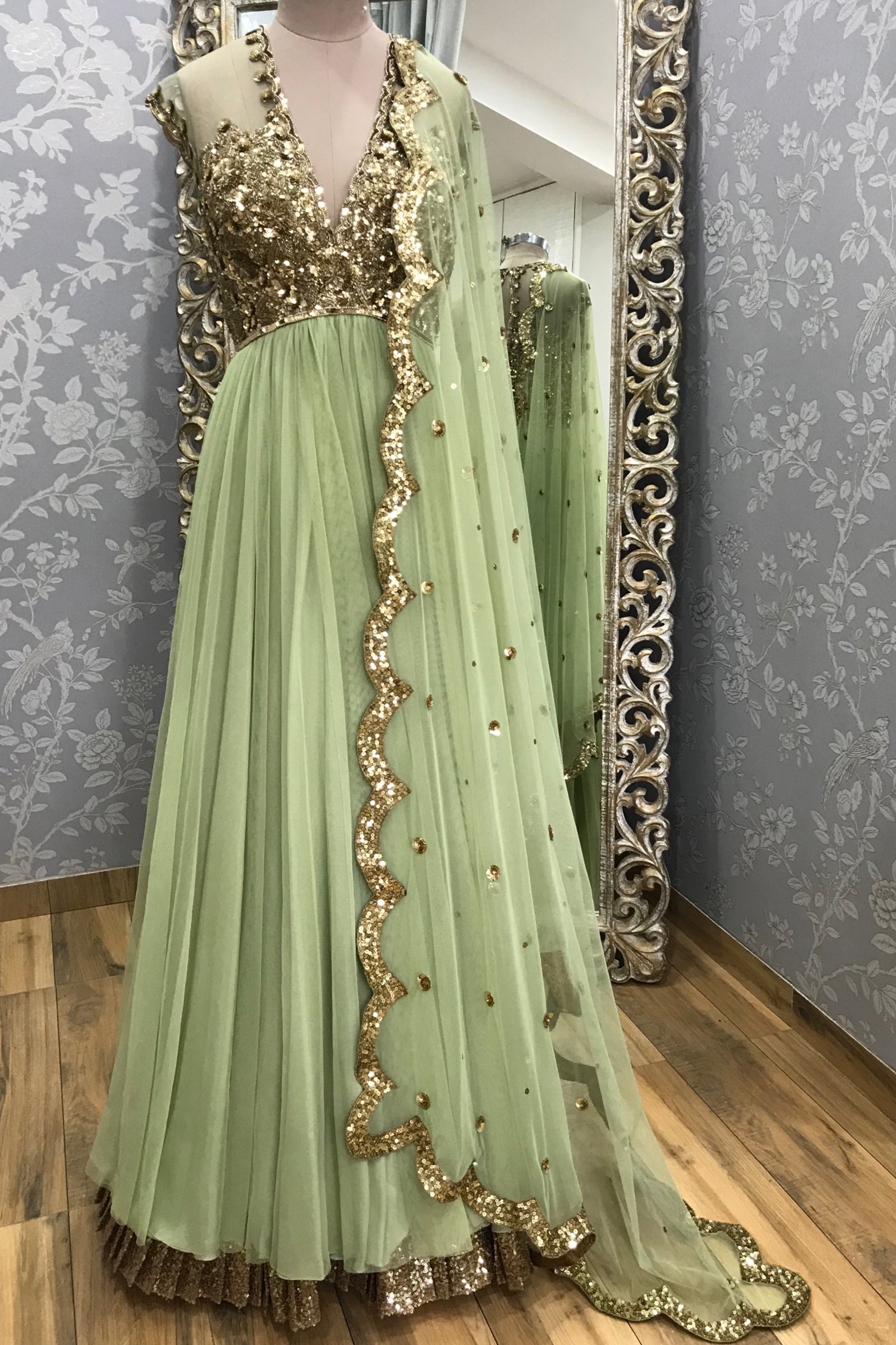 green and gold anarkali