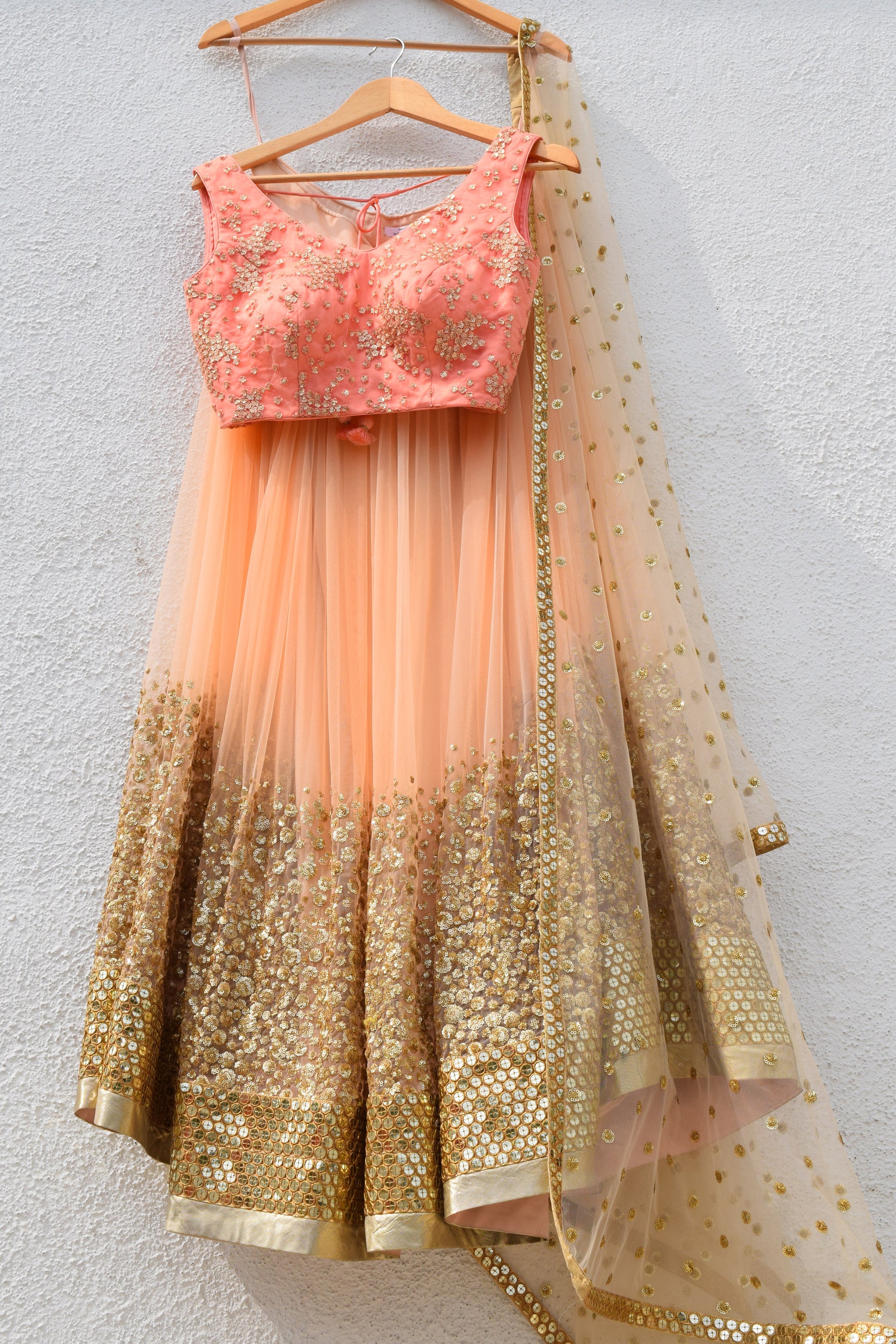 Desert Peach Sand Sequins Lehenga & Melon Orange Blouse | VIVA-LUXE