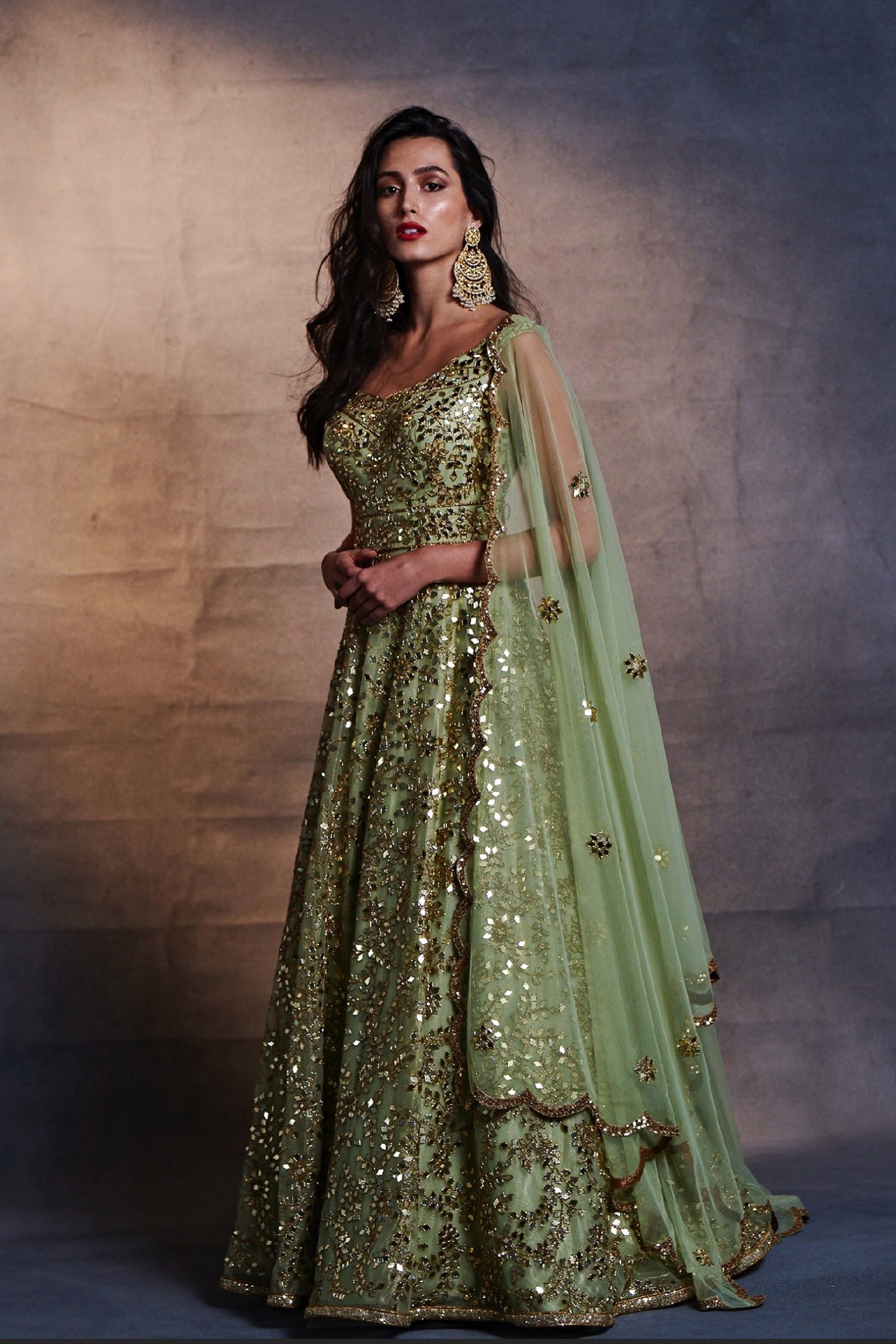 Green Mirrorwork Off Shoulder Anarkali 