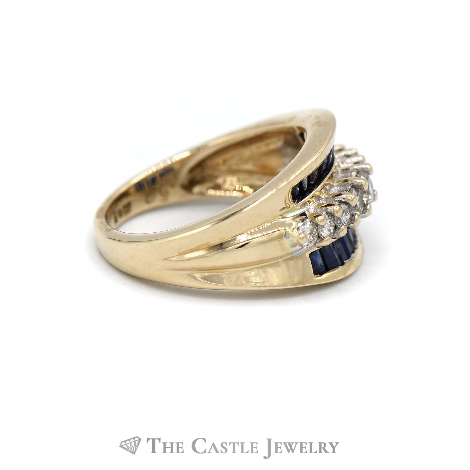 .50CTTW Round Diamond and Baguette Sapphire Concaved Designed Ring in 14KT Yellow Gold