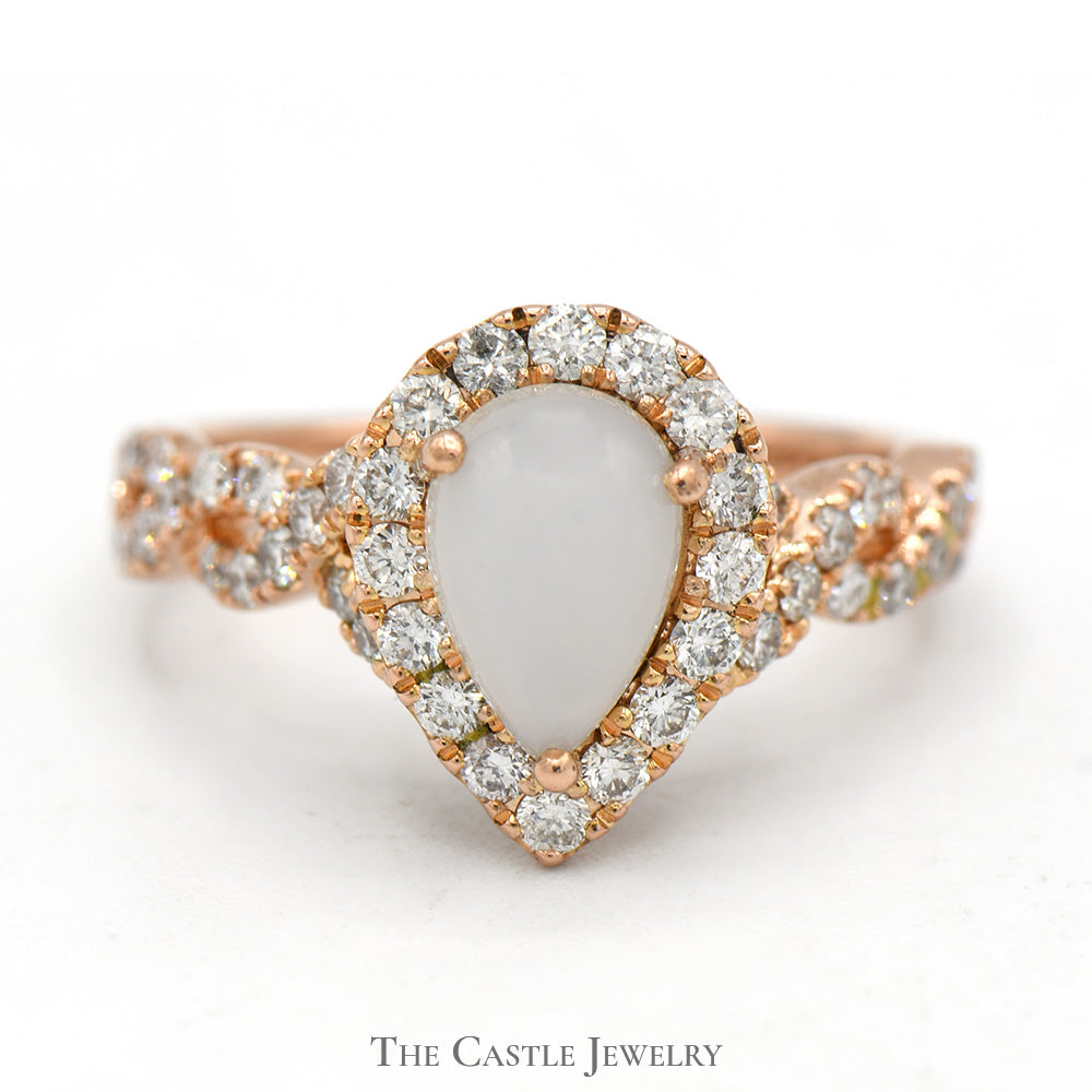 Neil Lane Designer Pear Cut Moonstone Ring with Diamond Accented Twisted Sides in 14k Rose Gold