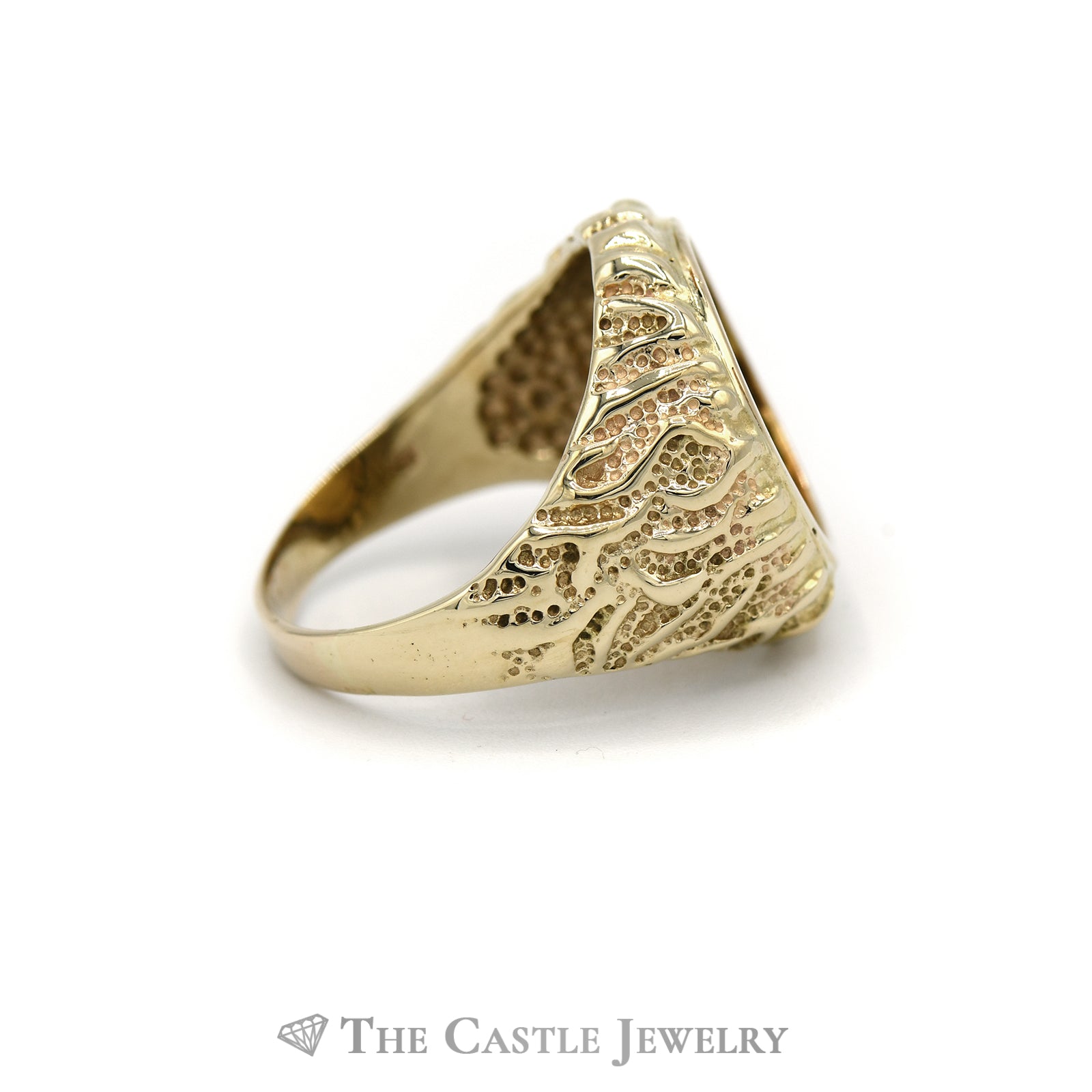 Liberty Coin Ring with Nugget Texture Side Details in 14KT Yellow Gold