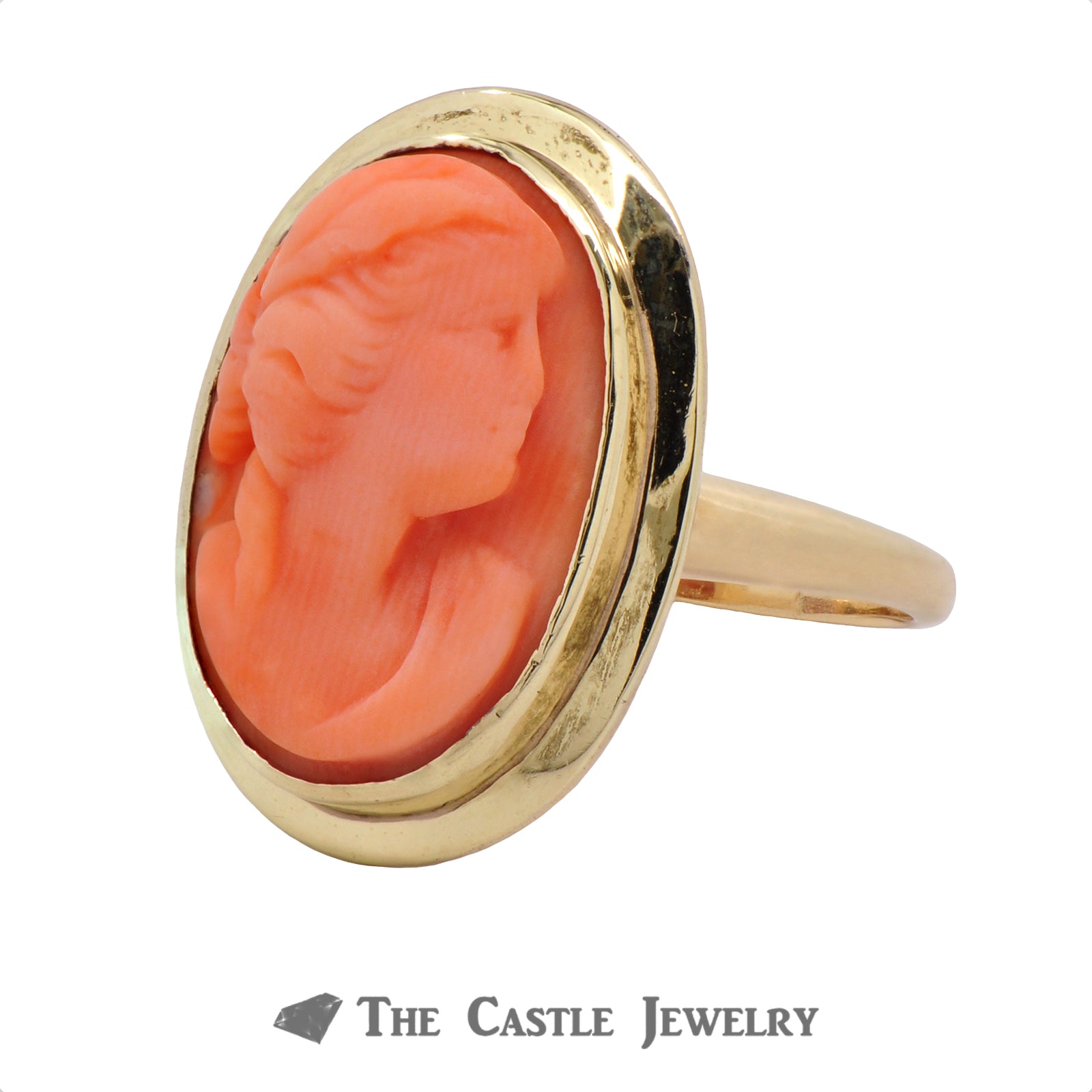 Vintage Style Pink Coral Cameo Ring In 14K Yellow Gold