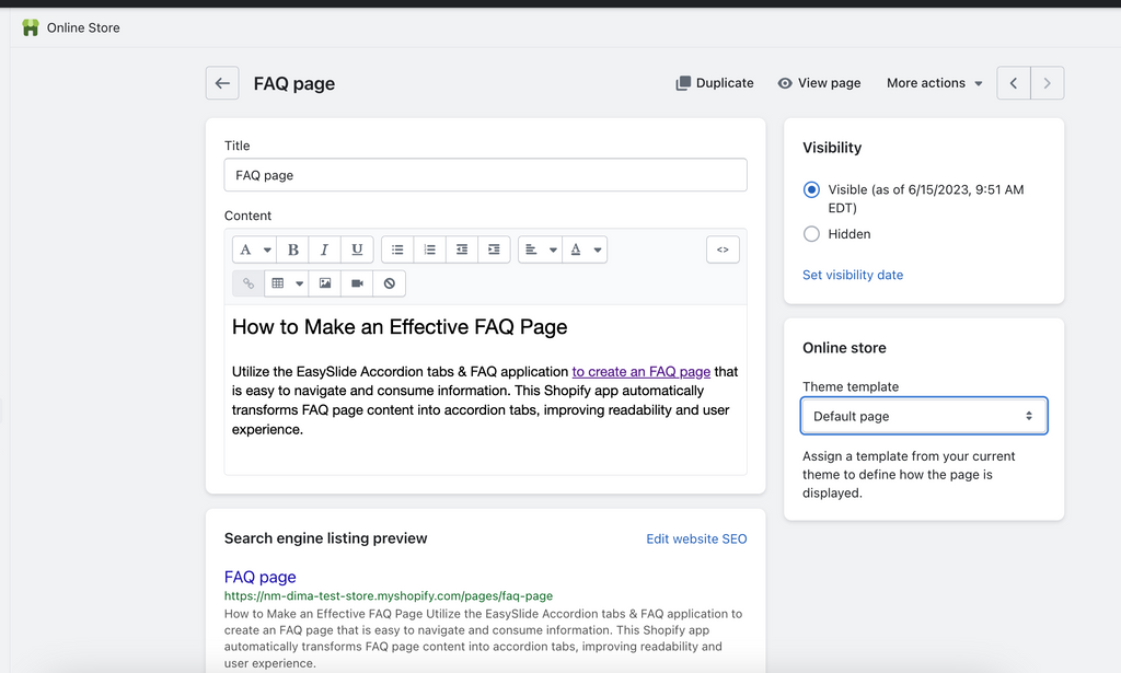 Add content to the new Shopify FAQ page