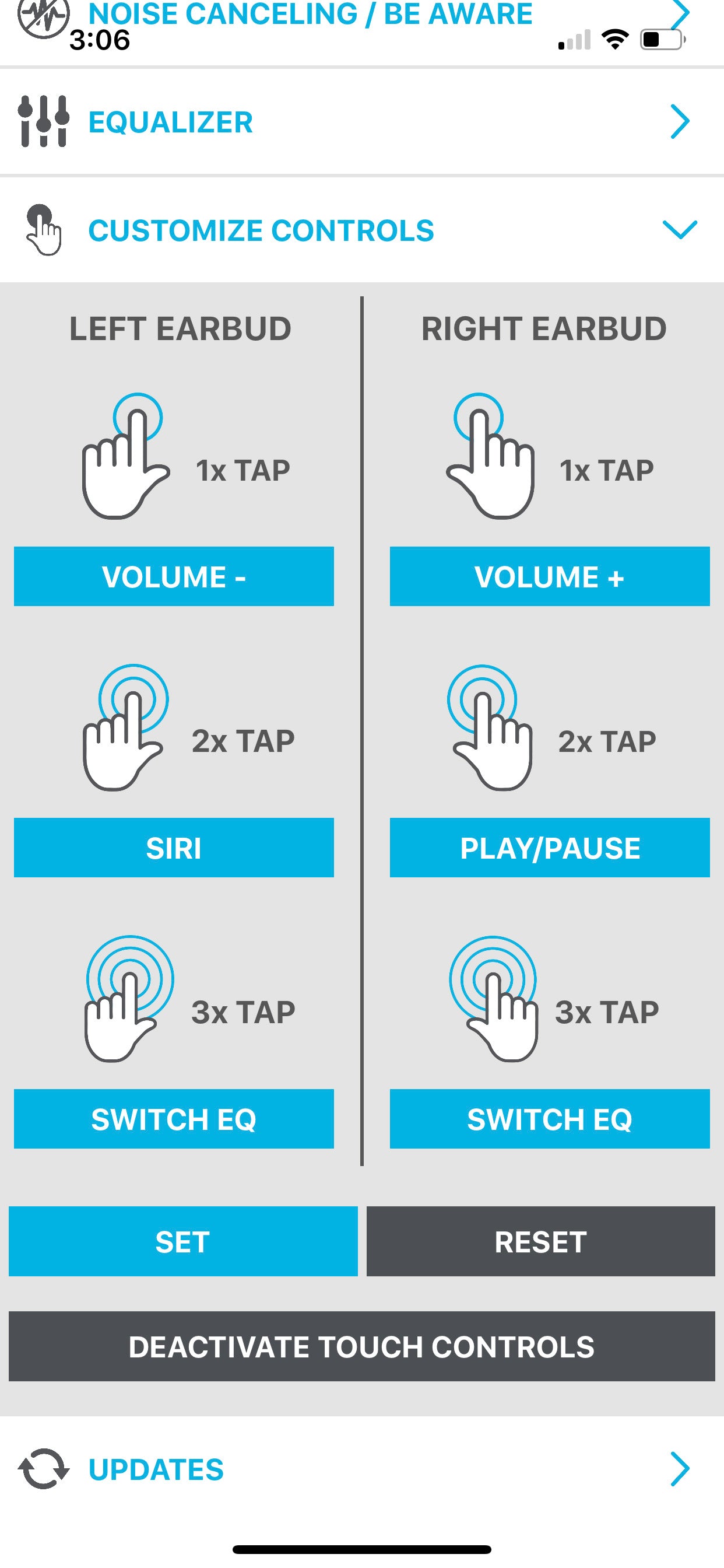 Screenshot of app showing customize controls menu