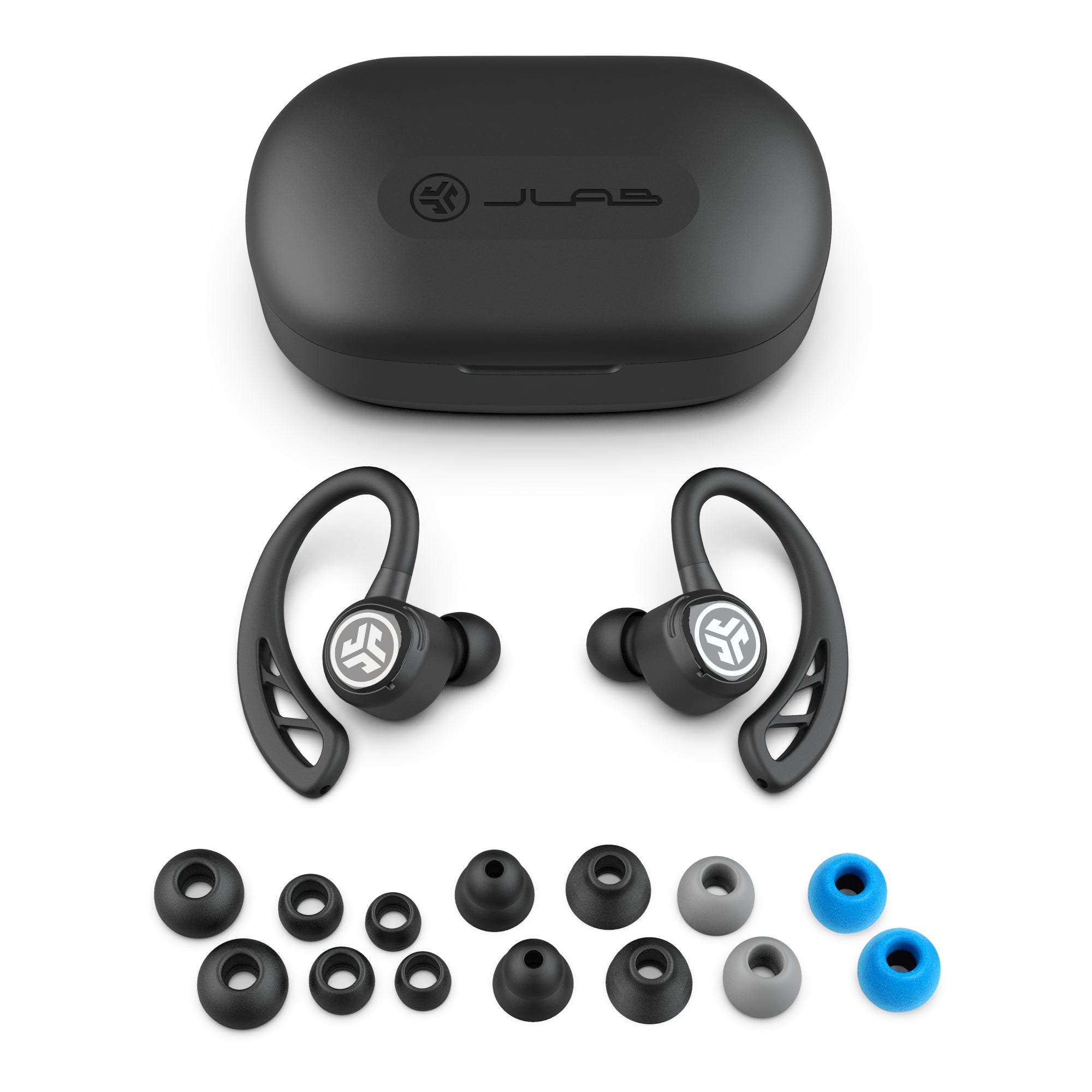 Black Epic Air Sport True Wireless Earbuds in Charging Case Showing Charging Cable and Ear Tip Sizes