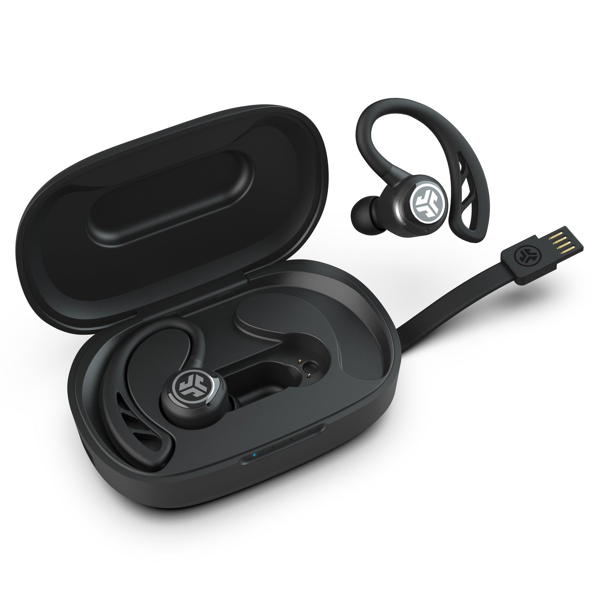 Black Epic Air Sport True Wireless Earbuds in Charging Case Showing Integrated Charging Cable