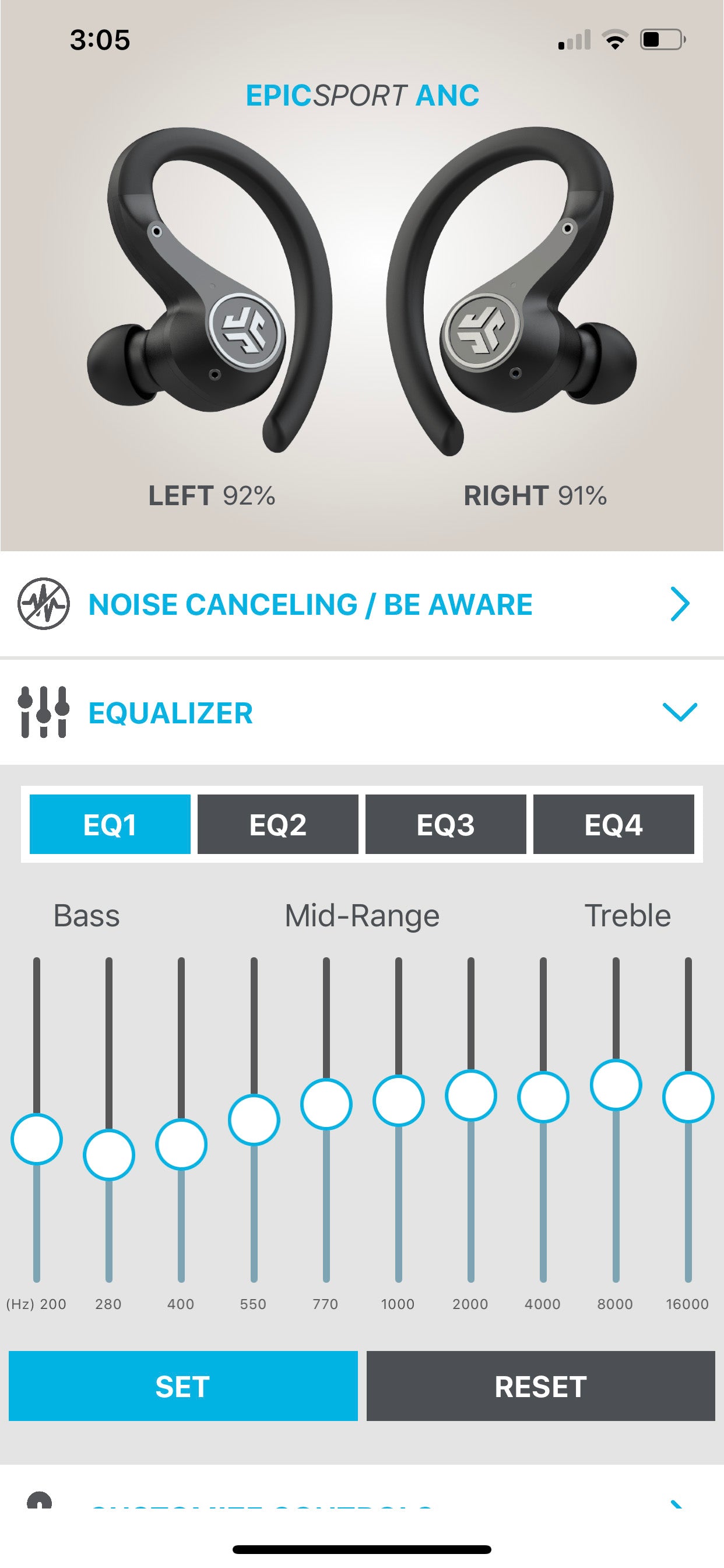 Screenshot of app showing equalizer setting toggling