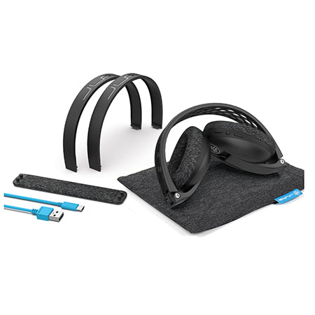 Accessories of Black Flex Sport Wireless Bluetooth Headphones Including Adjustable Tension Headbands, Carrying Pouch, and USB Cable