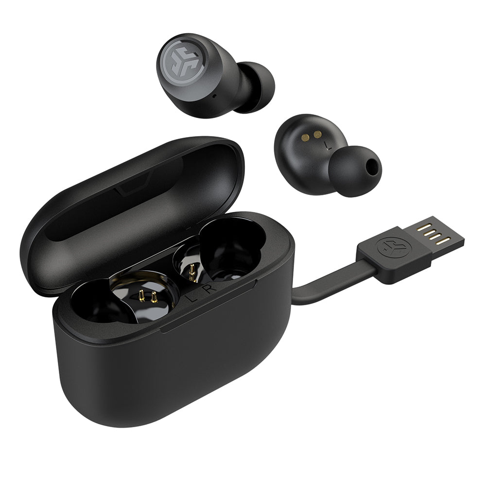 Go Air Pop True Wireless Earbuds with charging case and integrated charging cable in color Black