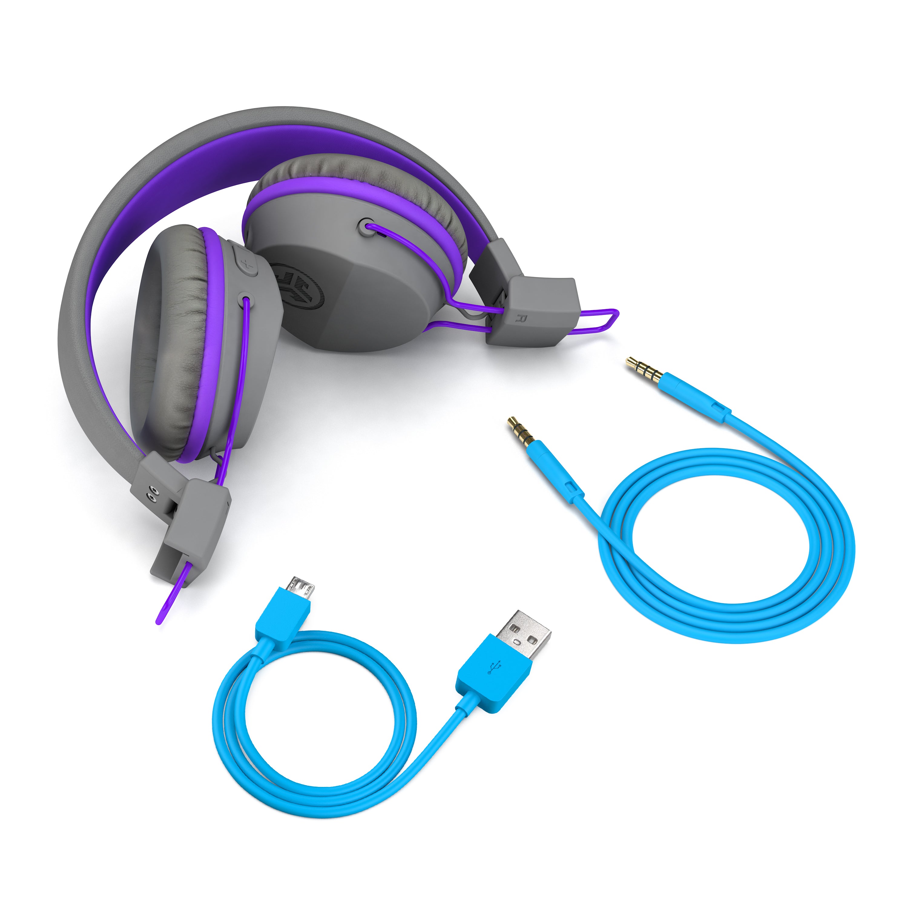 Folded JBuddies Studio Bluetooth On-Ear Headphones in Blue with Charging Cable