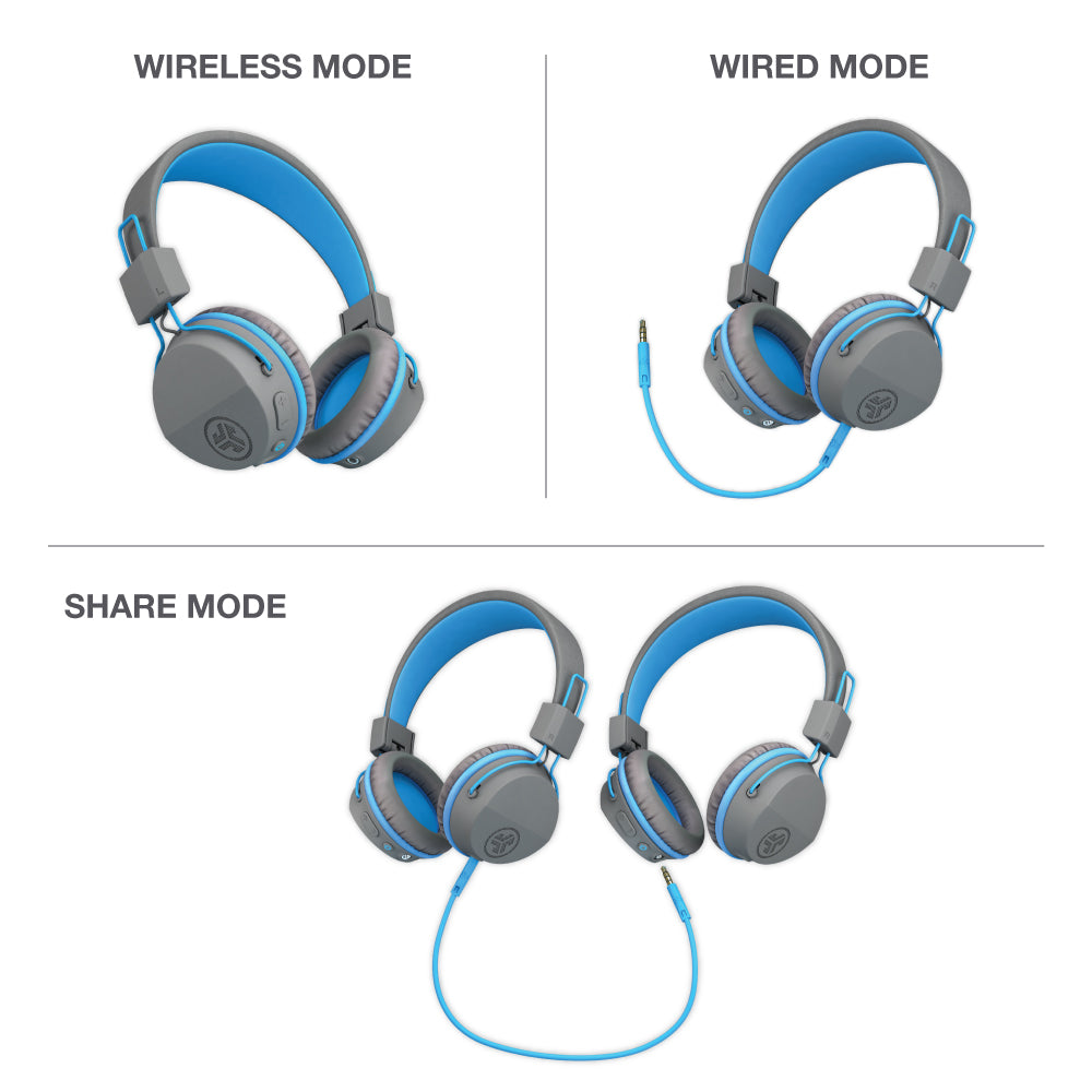 Boy wearing JBuddies Studio Bluetooth On-Ear Headphones in Blue