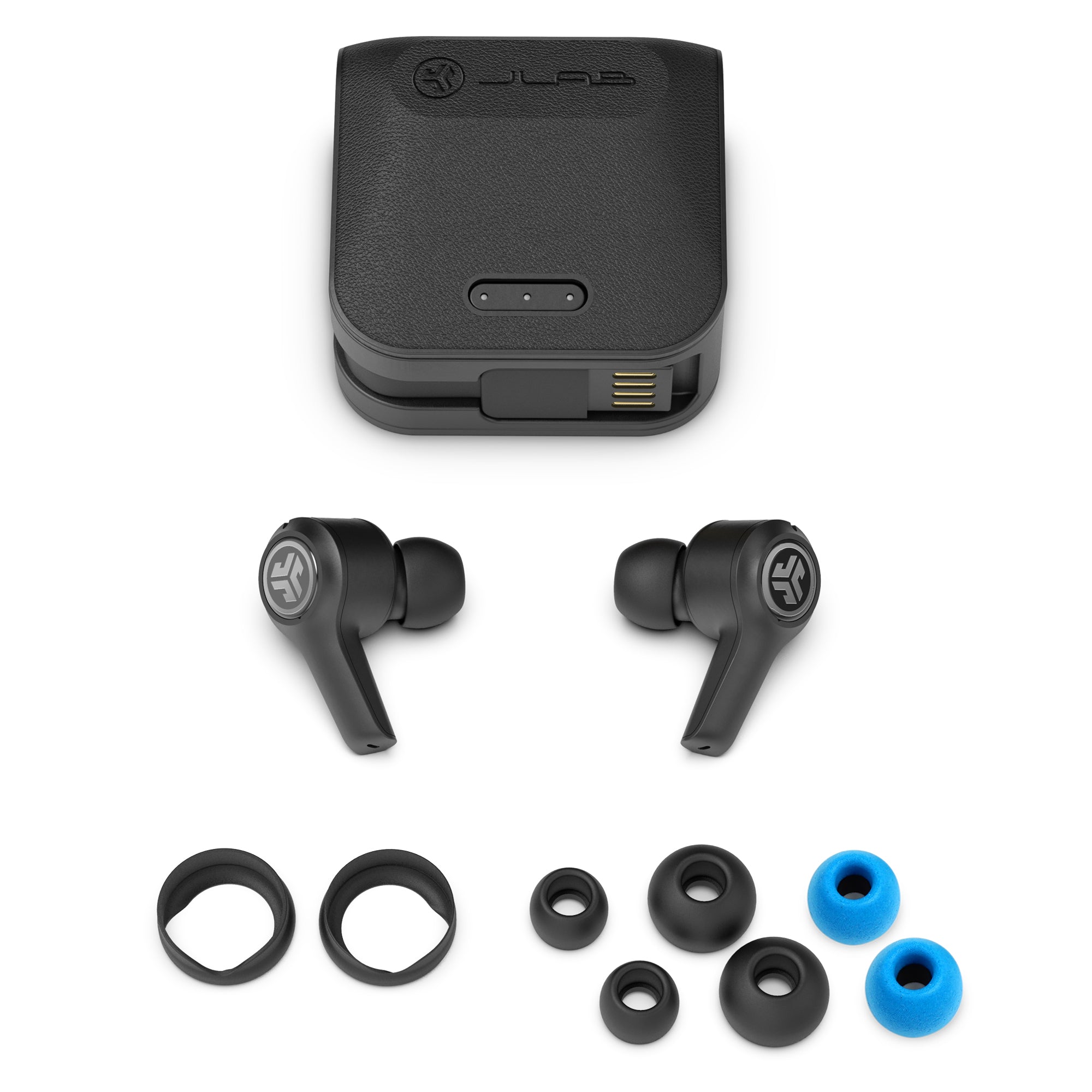 JBuds Air Executive True Wireless Earbuds with included eartips and charging case