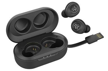 JBuds Air True Wireless Earbuds in charging case with integrated USB cable