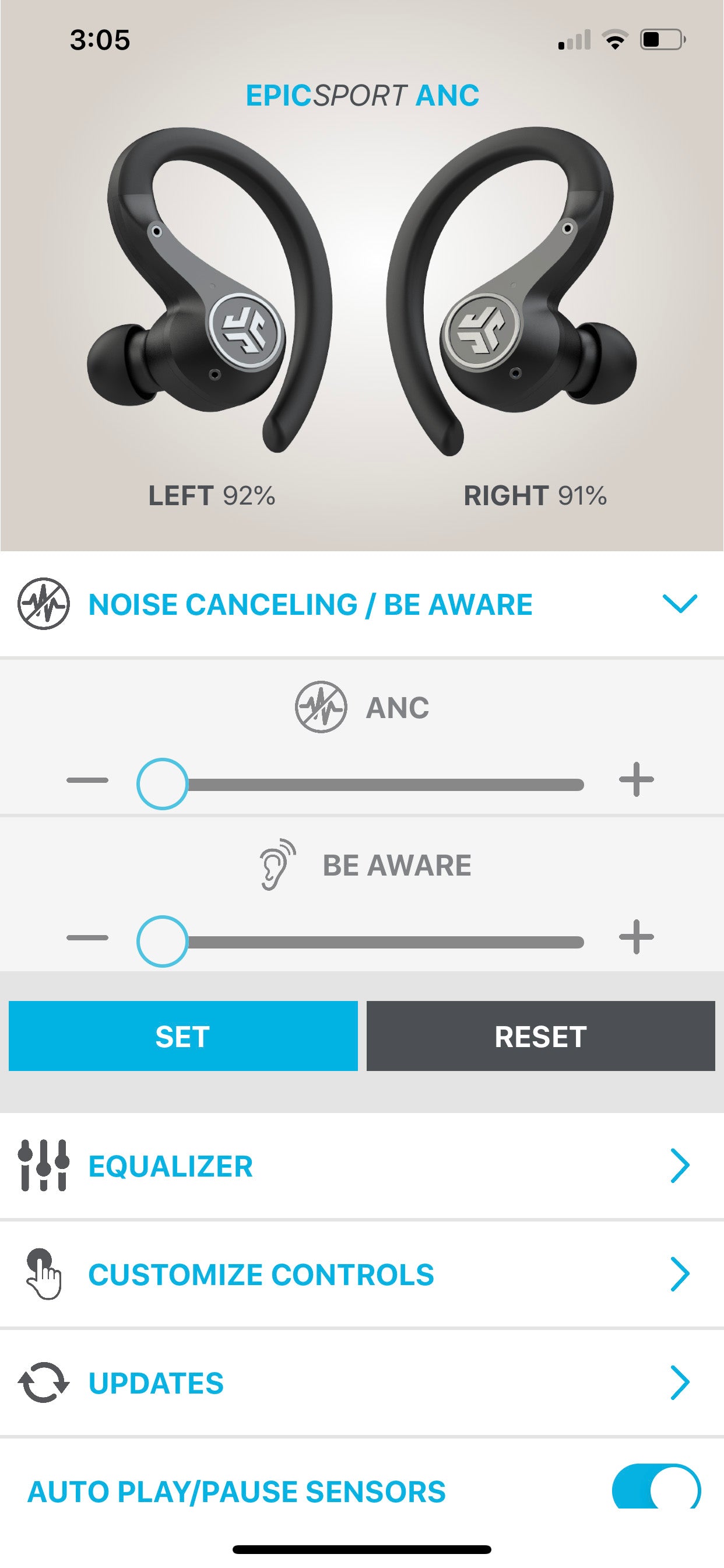 Screenshot of app showing ANC and Be Aware increase/decrease toggling