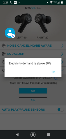 Screenshot of app stating Electricity demand is over 50%