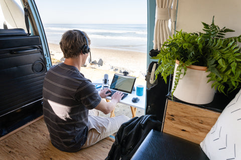 Man on Beach With Go Work Products