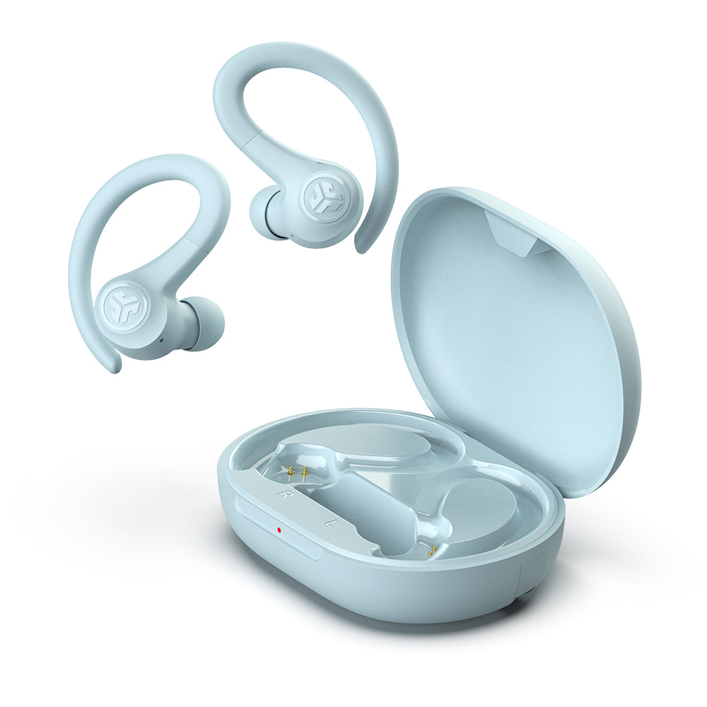 light blue wireless earbuds