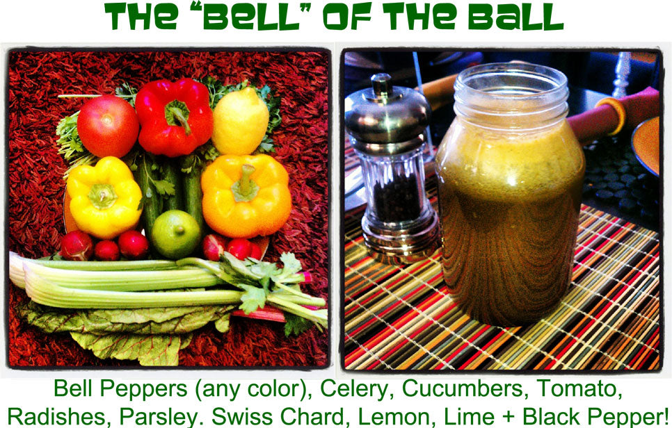 EverydayJuicer.com Recipe - Bell Peppers (any color), Celery, Cucumbers, Tomato,  Radishes, Parsley. Swiss Chard, Lemon, Lime + Black Pepper! 