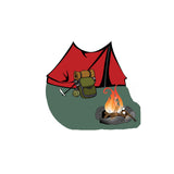 Camping red Tent with camp fire and backpack