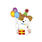 Puppy holding balloons and present