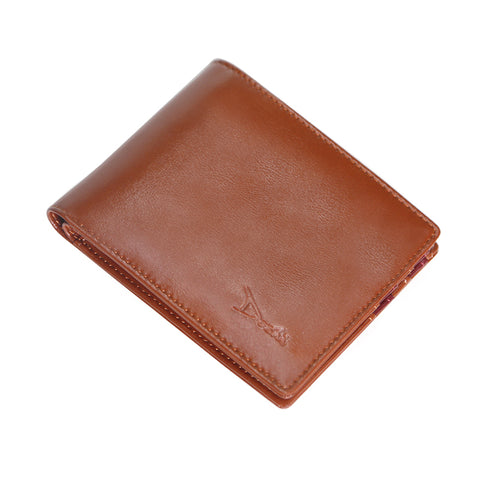 A red-brown bifold wallet, closed.
