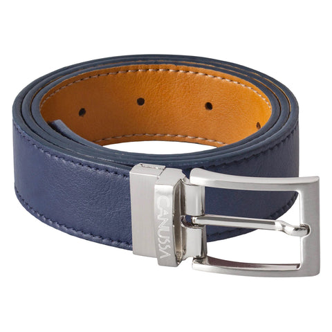 A blue belt with a tan interior and a silver rectangular buckle.