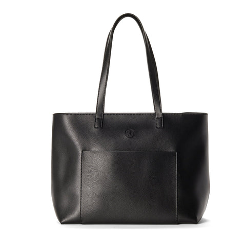 A black tote bag with a top handle.