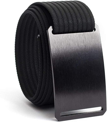 A black fabric belt with a large smooth brushed silver buckle.