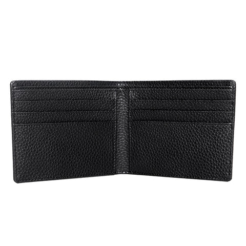 A black bifold wallet, open.