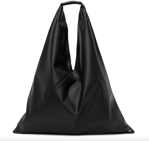 A black, triangular, hobo-style bag