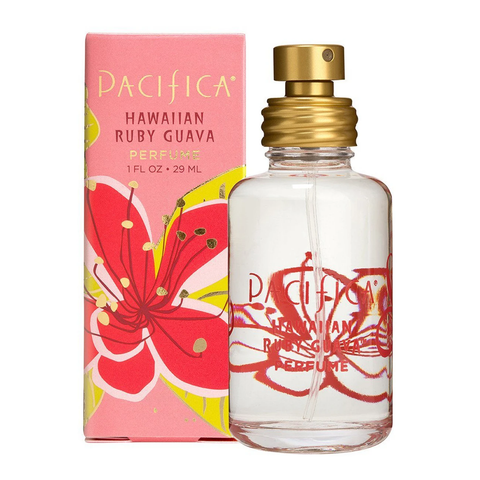 A perfume bottle decorated with a red graphic of a flower. Beside it is the box it comes it; it is pink with a matching graphic.