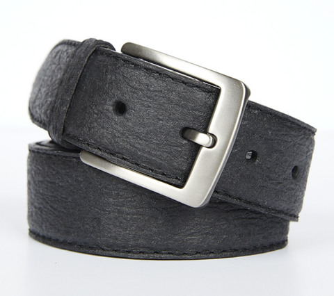 A black belt with a silver square buckle.