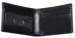 Bifold black wallet with clear ID sleeve.