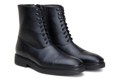 Plain, black, lace up, ankle height boots.