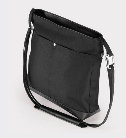 A black messenger bag with silver hardware and a simple design.