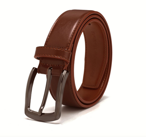A brown belt with a dark square buckle.