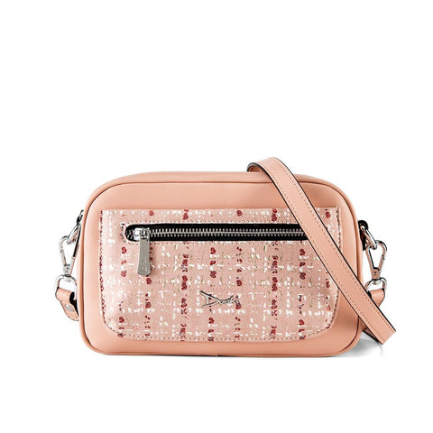 A small pink bag with a patterened front and a crossbody strap.